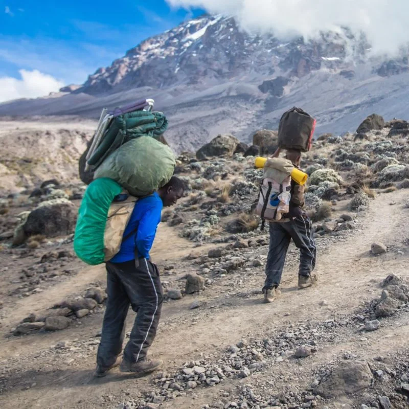 Kilimanjaro porters carrying loads on the trail